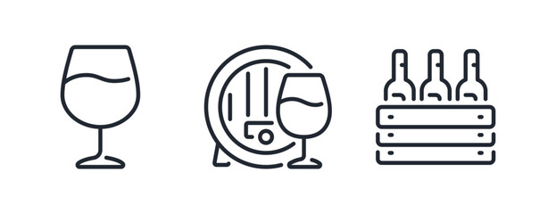 Wine glass, barrel and wooden crate box editable stroke outline icons set isolated on white background flat vector illustration. Pixel perfect. 64 x 64.