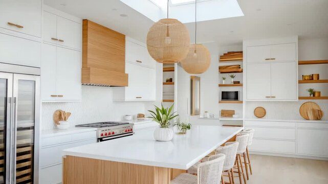 Skylight kitchen with white cabinets, wood accents, warm light flooding counters and central island barstools