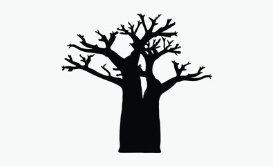 Bare tree silhouette, leafless tree drawing, spooky tree outline, hand drawn illustration