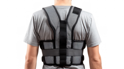 Close up of a man wearing a posture support brace on his back, promoting proper spinal alignment and relief from back pain, isolated on a transparent background