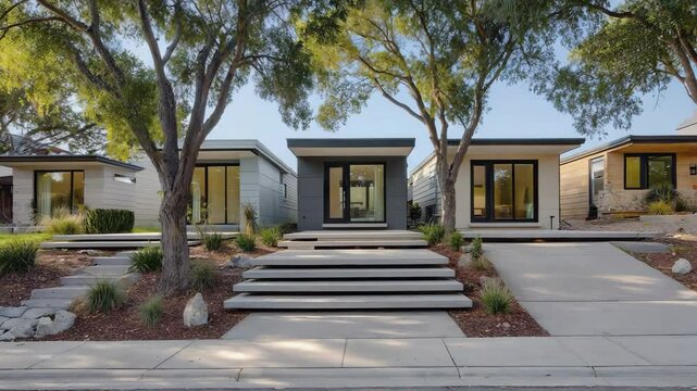 Street View of Modern Modular Homes with Concrete Stairs and Trees