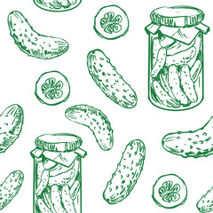 Pickles, cucumbers in a jar, seamless pattern, hand drawn sketch, realistic vector illustration