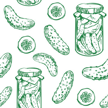 Pickles, cucumbers in a jar, seamless pattern, hand drawn sketch, realistic vector illustration