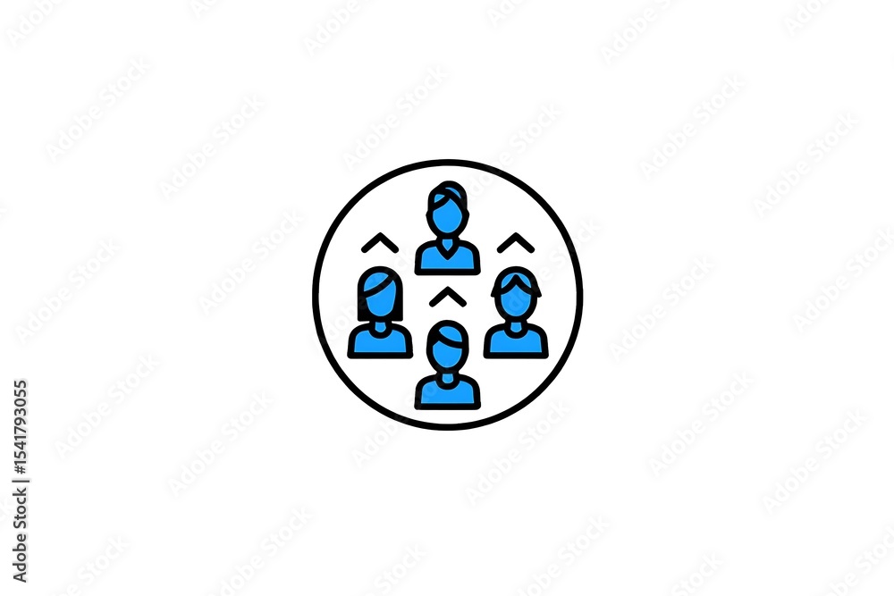 Poster blue and black icon illustration of a group of five people connected in a circle representing teamwo