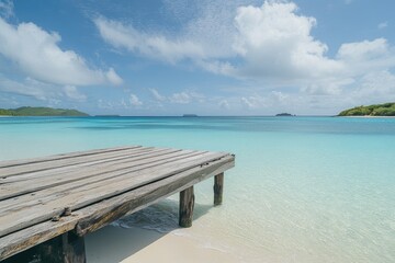 Wooden dock extends into a tranquil turquoise bay under a partly cloudy sky