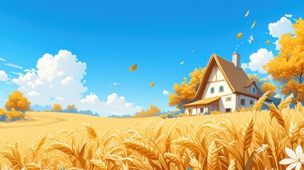 A picturesque house nestled in a golden wheat field under a clear blue sky