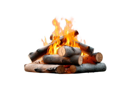 Campfire with burning logs on a transparent background