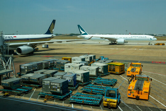 Ho Chi Minh City, Vietnam - &lrm;&lrm;&lrm;&lrm;&lrm;February 8, 2020 : Air Cargo Containers And Commercial Airplanes At Tan Son Nhat International Airport.