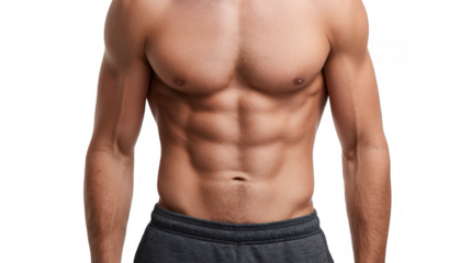 Close up of a muscular male torso showing defined abdominal muscles, highlighting fitness and athleticism on a transparent background, ideal for health, fitness, and bodybuilding concepts
