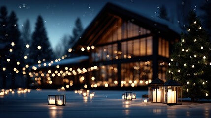 Cozy winter chalet at night