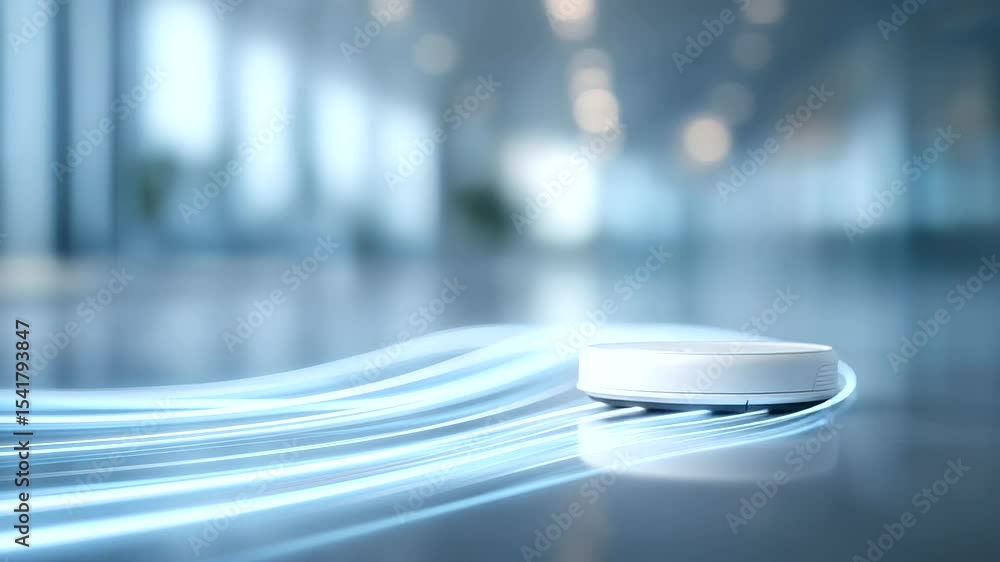 Poster high-tech office robot vacuum navigating with precision-guided light beams.