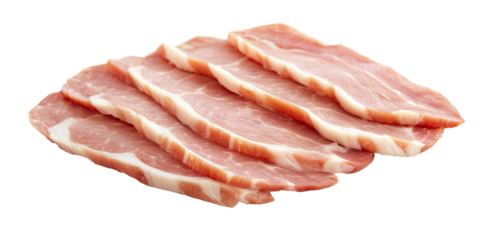 Thinly sliced raw pork meat cuts for cooking isolated on white transparent background