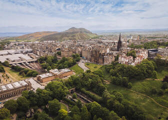 Ediburgh Scotland: 18th May 2025: Edinburgh Skyline and Edinburgh Waverley station area showcasing the historic skyline and surrounding hills and a cloudy overcast day