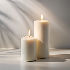 Two burning white candles soft light shadow