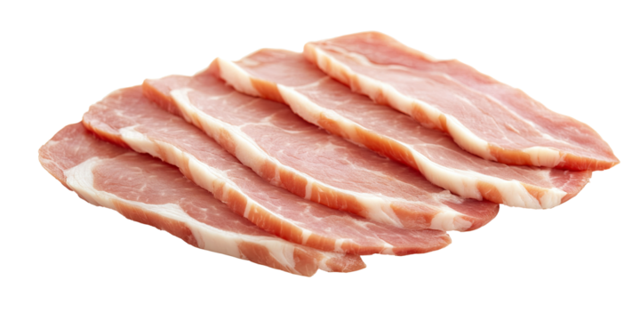 Thinly sliced raw pork meat cuts for cooking isolated on white transparent background