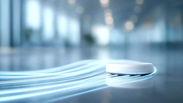 High-tech office robot vacuum navigating with precision-guided light beams.
