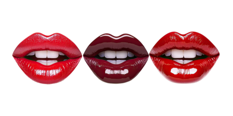 Set of glossy lips with red and burgundy lipstick shades isolated on white transparent background