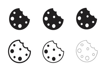 Six bitten cookie icons in black solid and outline form on white background