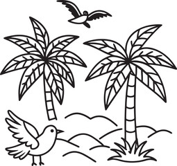 A vibrant vector illustration of a tropical island paradise with palm tree silhouettes against a summer sky