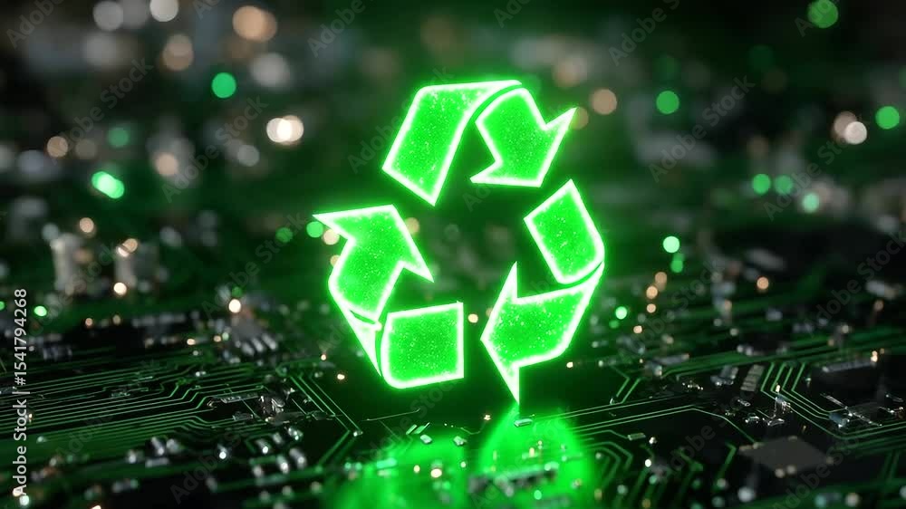 Poster stylized glowing green recycle symbol seamlessly embedded into a futuristic circuit board, symbolizi