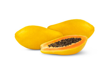 Yellow ripe papayas and a half of papaya fruit isolated.