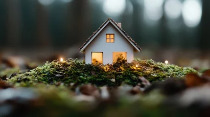 Poster A charming miniature house sits within a lush forest, glowing softly, evoking a sense of magic and wonder, symbolizing home, nature's beauty, and creativity in miniature form.