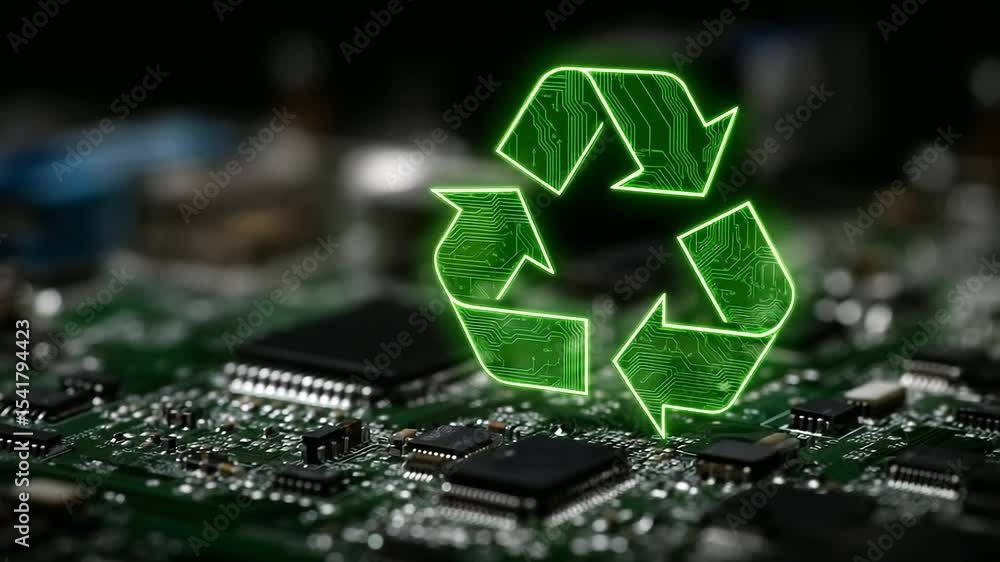 Poster stylized green recycle symbol layered over a complex network of microchips and conductive paths, rep