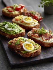 A collection of open faced sandwiches on a dark wooden board with various toppings displayed nicely