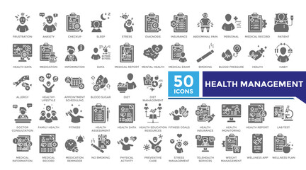 Health management solid icon set collection. his set includes anxiety, checkup, medical report, mental health, medical exam and more icons in solid style. Vector icons collection for infographics