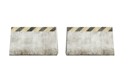 Two concrete road barriers with yellow black safety stripes construction isolated on white transparent background
