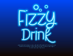 Vector Glowing Advertisement Fizzy Drink. Blue Neon Font. Cool Electric Alphabet Letters and Numbers set