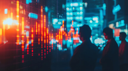 Silhouetted figures observe vibrant stock market data displayed on a large screen at night in a bustling city showcasing dynamic financial trends and urban nightlife.