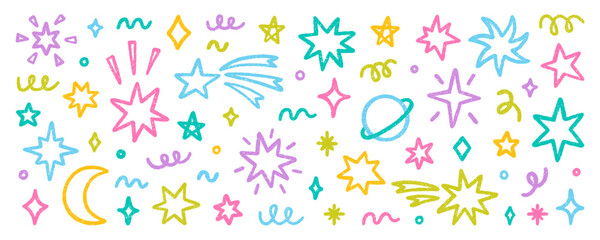 Chalk pencil stars and sparkles doodle set. Crayon moon, twinkle, blink, firework, glitter silhouette and glowing symbols in sketch style, Hand drawn vector illustration isolated on white background © AnyaLi