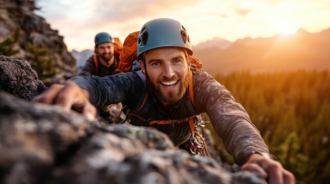 A climber with a helmet and gear is scaling a rocky cliff at sunset, showcasing determination and teamwork in the midst of stunning mountain scenery and vibrant colors.