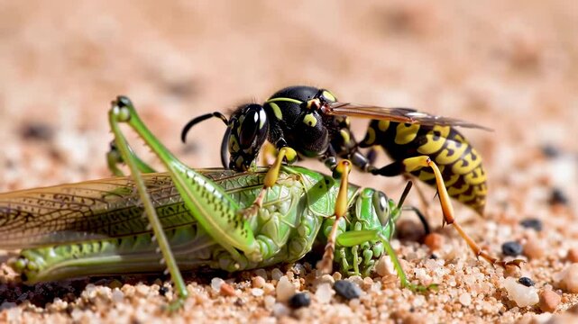 Closeup wasp attacking grasshopper on sandy ground