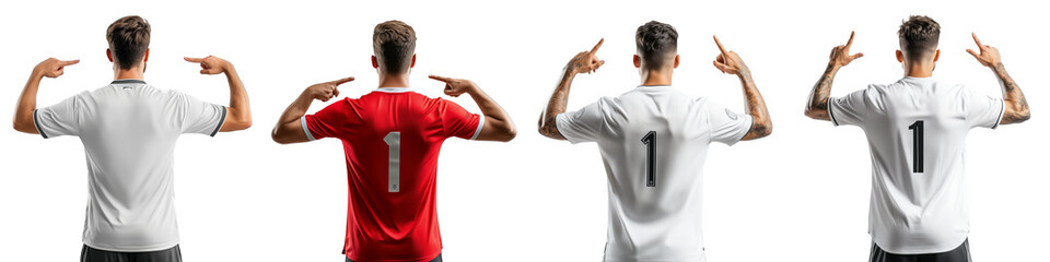 A confident football player in a team jersey pointing upwards and raising hand, celebrating from behind view. Isolated on white background. Generative AI, Transparent background