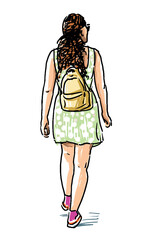 Sketch of one casual young city girl with backpack, in sunglasses, green dress walking outdoors on summer day, realistic hand drawn vector illustration isolated on white