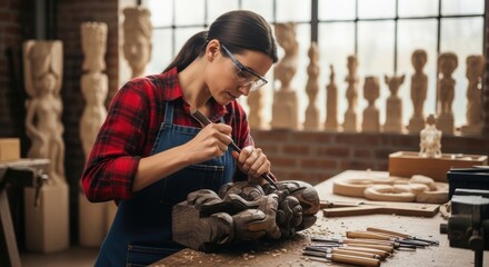 Female artisan meticulously carves a wooden sculpture in her workshop, demonstrating skill and craftsmanship.