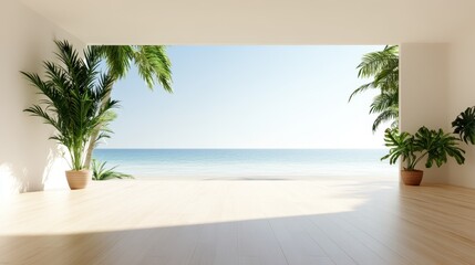 This serene interior image showcases a bright room with stunning sea views, surrounded by tropical plants, evoking a sense of relaxation and tranquility.