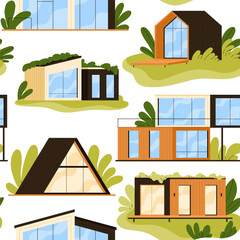 Seamless pattern of modern modular houses. Compact eco-friendly cabins or container homes with large windows, green roofs, and wooden paneling. Tiny house concept. Flat vector illustration 