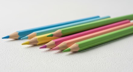 Fototapeta premium Close up of sharpened pastel colored pencils in a diagonal row on a white surface.
