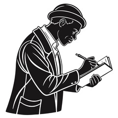 Man in suit and hat writing in notebook with pen in black and white style Silhouette