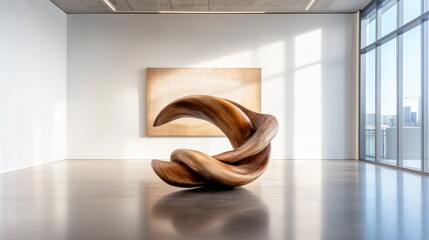 An abstract sculpture displayed in a modern gallery, showcasing fluid forms and natural wood textures, prompting viewers to engage emotionally with the artwork.
