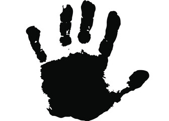 A stark black silhouette shows the detailed imprint of a human hand clearly
