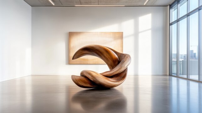 An abstract sculpture displayed in a modern gallery, showcasing fluid forms and natural wood textures, prompting viewers to engage emotionally with the artwork.