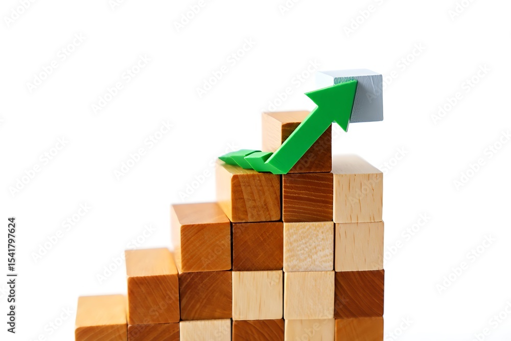 Poster wooden blocks arranged as ascending steps with a bright green upward arrow indicating growth or prog