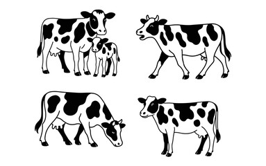 Vector illustration of black and white dairy cows and calves in different poses. Includes grazing, standing, and walking cows. Hand-drawn style perfect for farm, agriculture, 