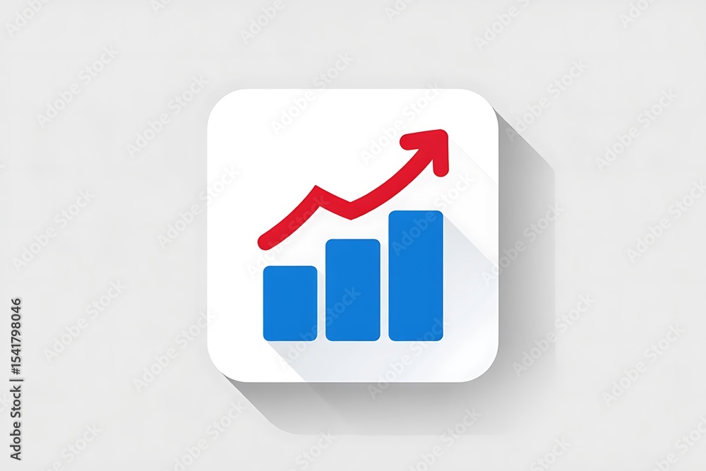 Poster red upward trending arrow above blue bar graph on white square app icon with long shadow against lig
