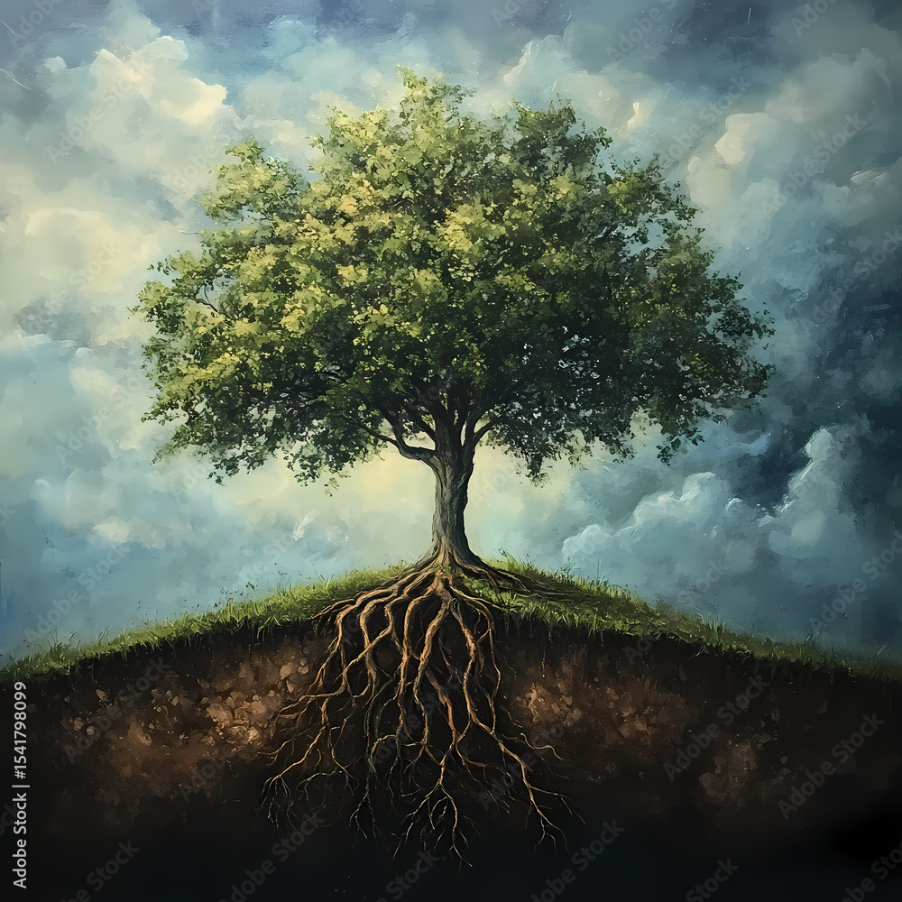 Aufkleber tree with vast roots stands on a hill under a cloudy sky generative ai