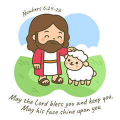 Gentle Cartoon Jesus Petting a Sheep Affectionately on Peaceful Meadow with Scripture